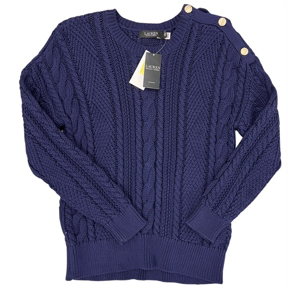 NWT $155 Lauren Woman Aran-Knit Cotton Navy Blue - Picture 7 of 11